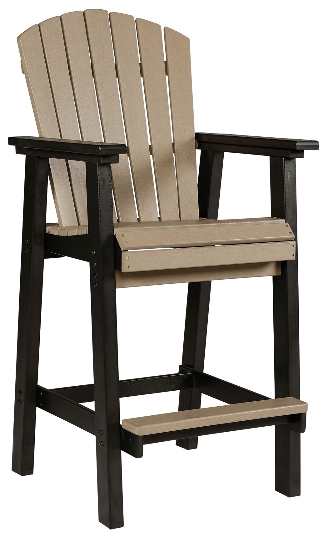 Tall barstool with black frame, beige slatted back, and cushioned beige seat