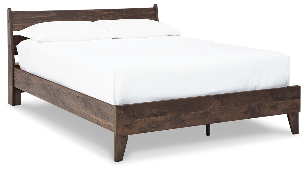 Light brown platform bed frame with paneled headboard and footboard, four legs