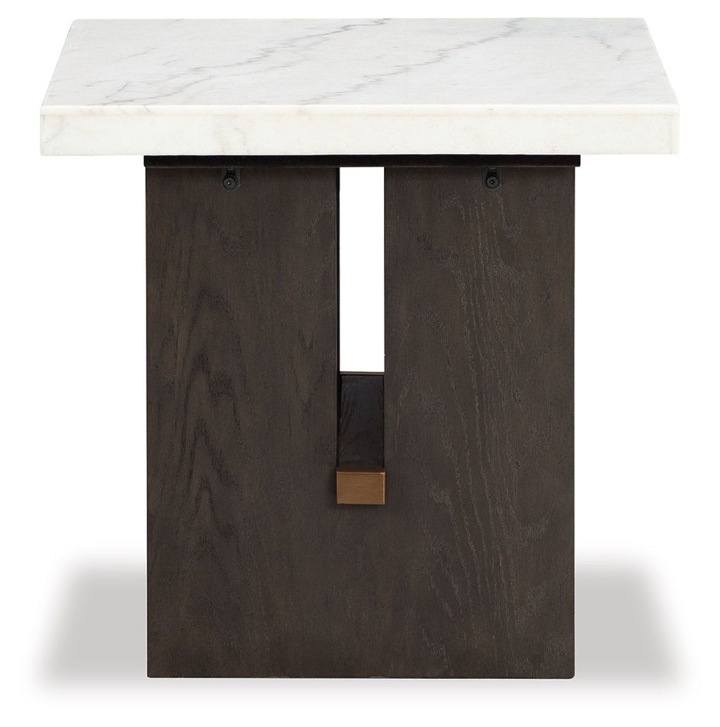 Burkhaus rectangular end table with white marble-look top and dark brown cabinet door