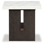 Burkhaus rectangular end table with white marble-look top and dark brown cabinet door