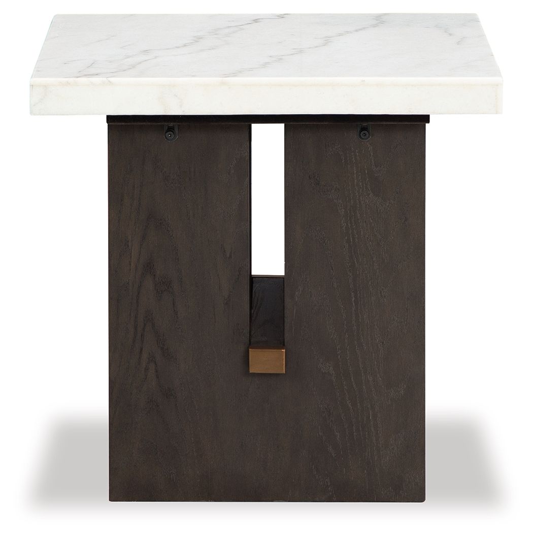 Burkhaus rectangular end table with white marble-look top and dark brown cabinet door