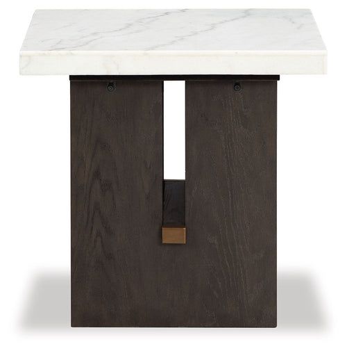 Burkhaus rectangular end table with white marble-look top and dark brown cabinet door
