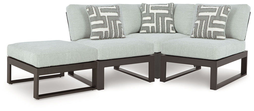 Outdoor sectional sofa with light gray cushions and black frame, 4-piece corner layout