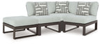 Outdoor sectional sofa with light gray cushions and black frame, 4-piece corner layout