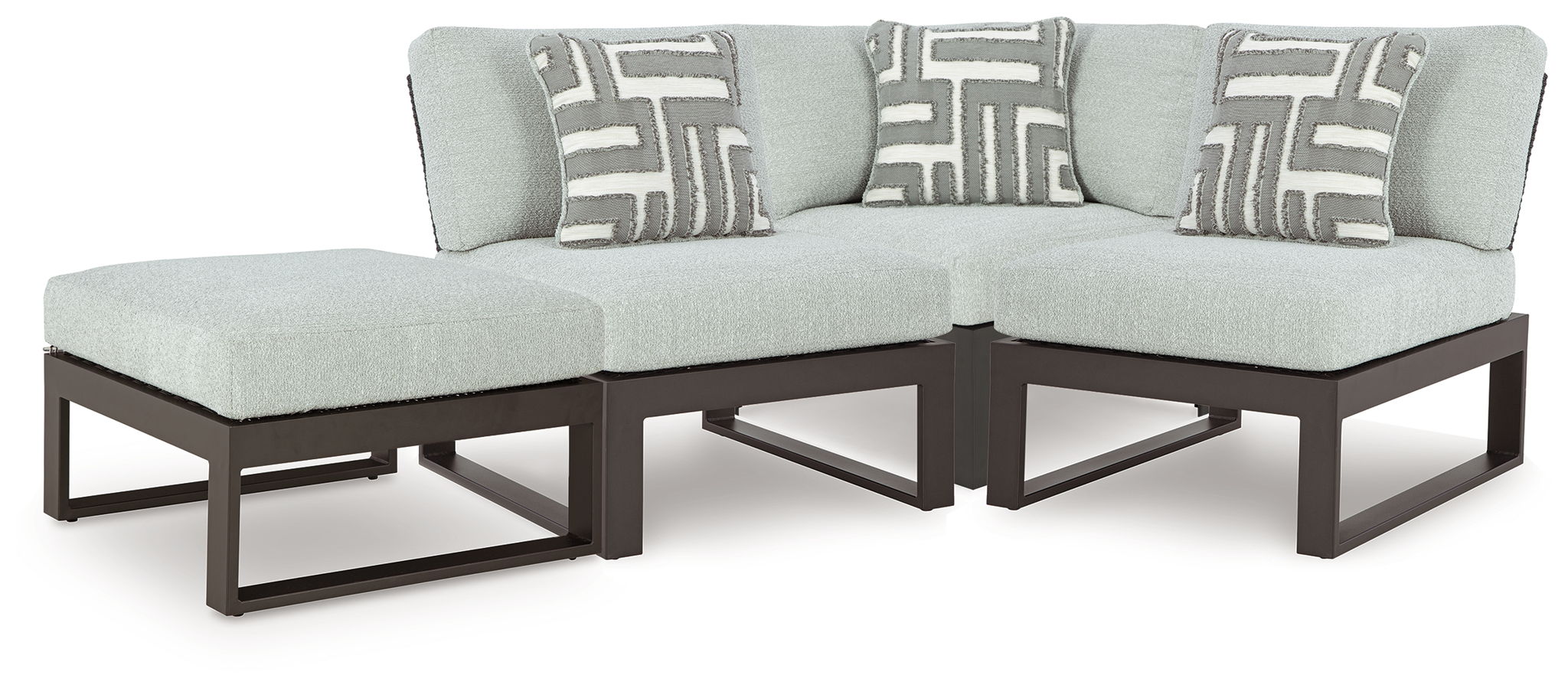 Outdoor sectional sofa with light gray cushions and black frame, 4-piece corner layout