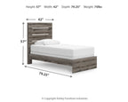 Dark gray panel bed frame with white mattress shown with size dimensions