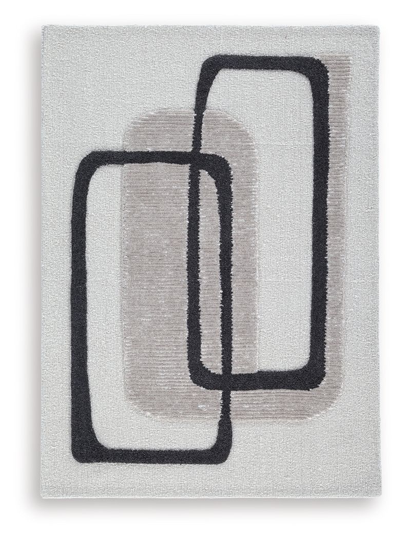 Beige abstract rug with overlapping black outlined rectangles