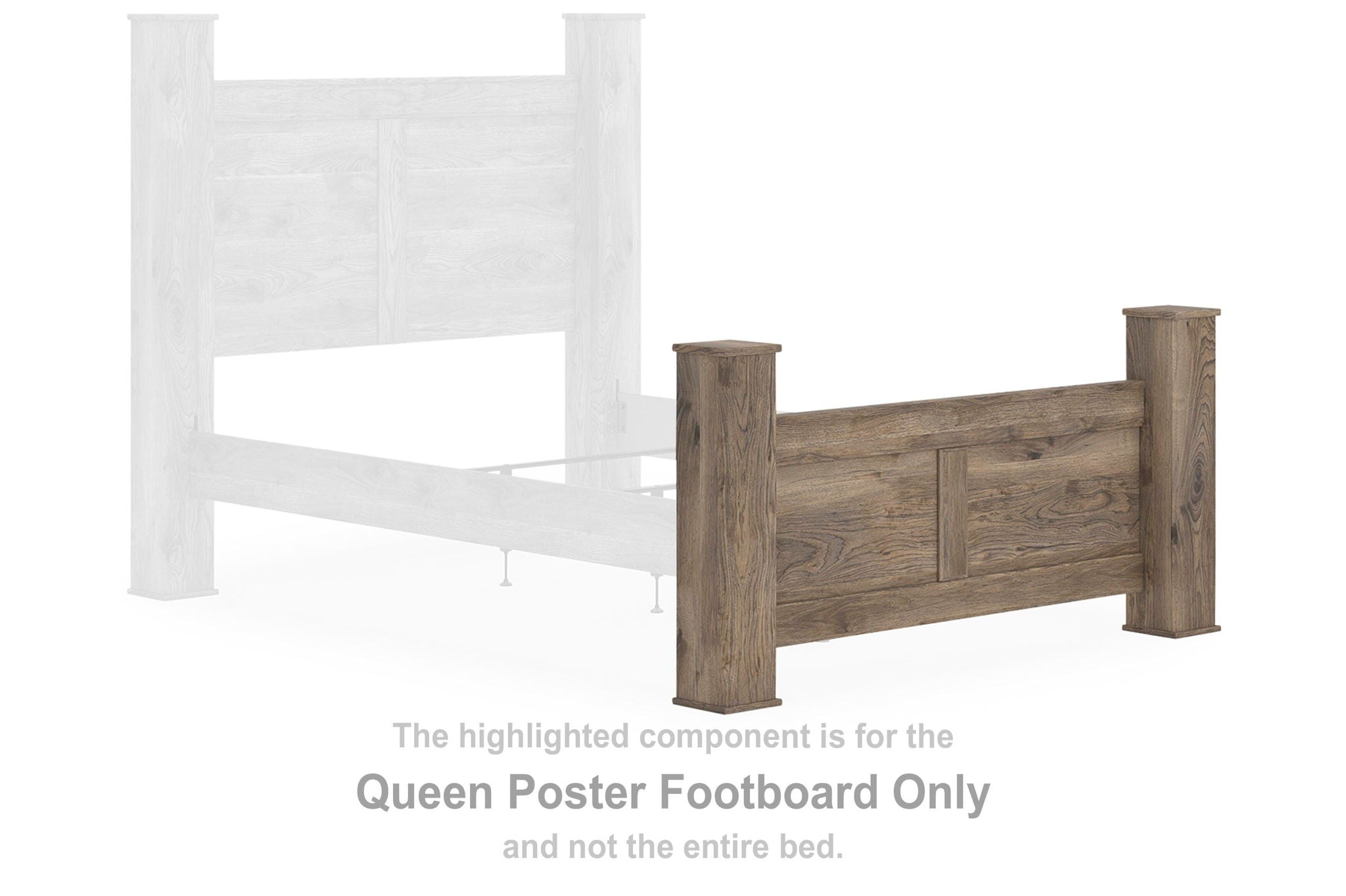 Brown queen poster footboard with turned posts and panelled wood slats