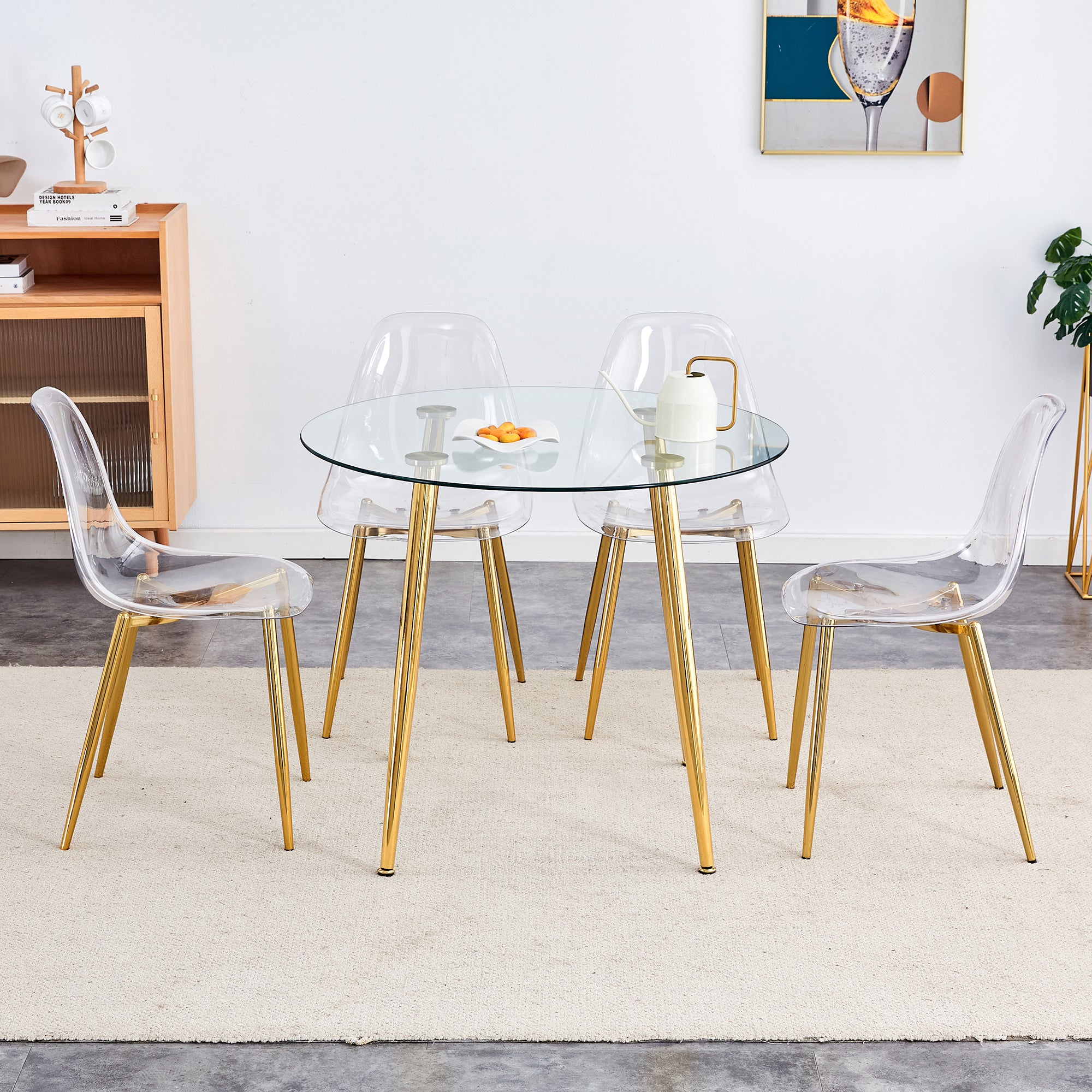 Modern Round Glass Dining Table & 4 Chairs Set