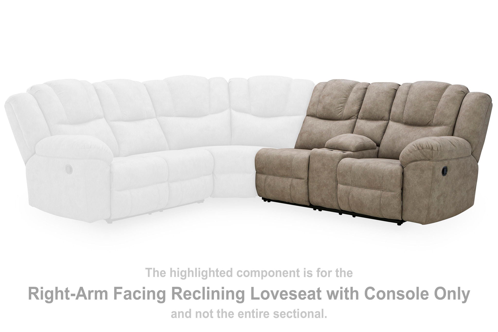 Right-arm facing reclining loveseat with console, white and taupe padded cushions