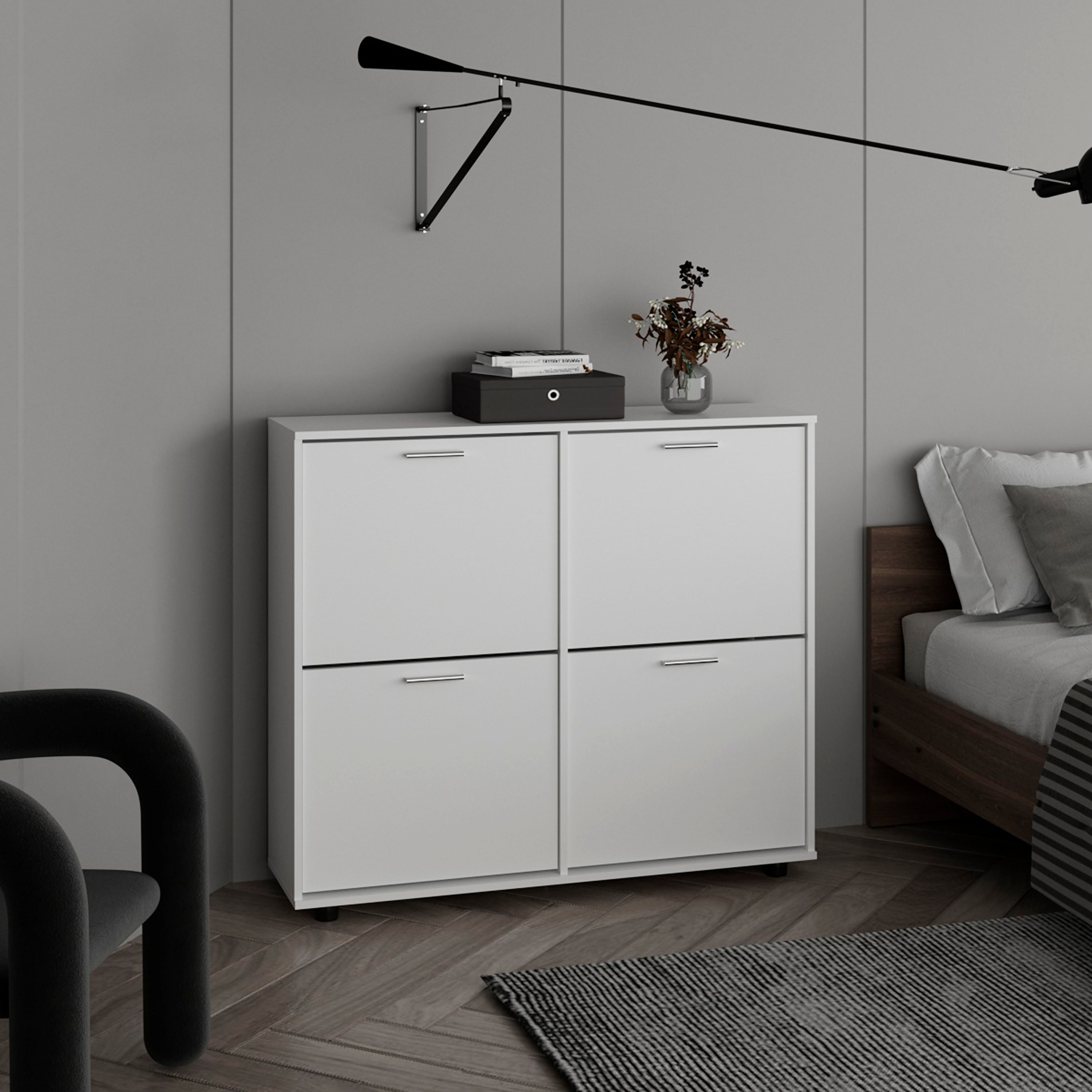 Opal White 4-Door Shoe Rack Cabinet: Modern Storage