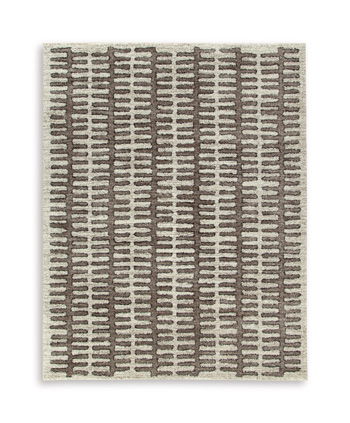Patterned rug with dense dark stripe blocks on a light beige ground