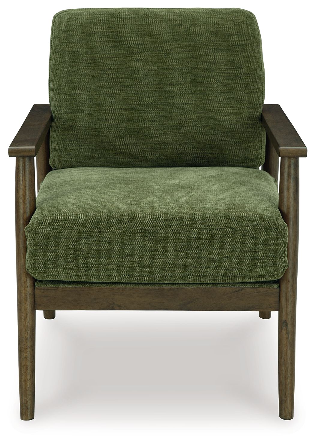 Green accent chair viewed from front, upholstered seat cushion and backrest