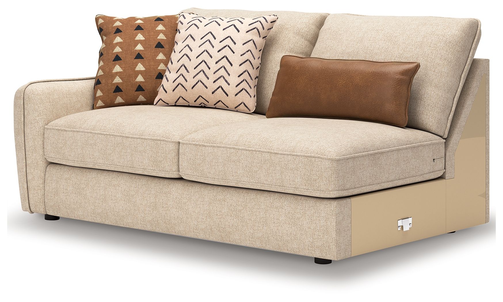 Sand LAF sofa with light beige fabric, back decorative pillows, boxy arms and seat cushions.