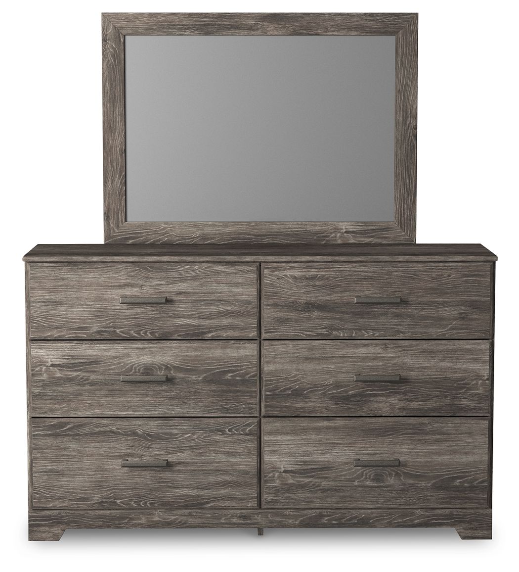 Gray wood dresser with mirror, two center panels and six drawers with bar pulls