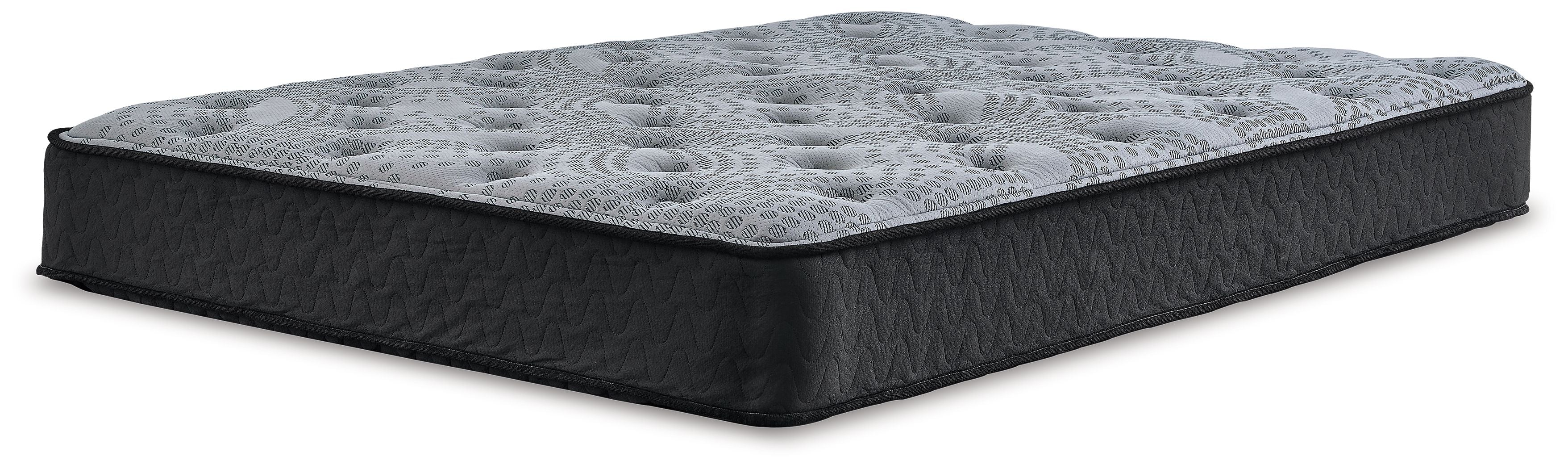Hybrid mattress in gray with quilted surface and dark perimeter border
