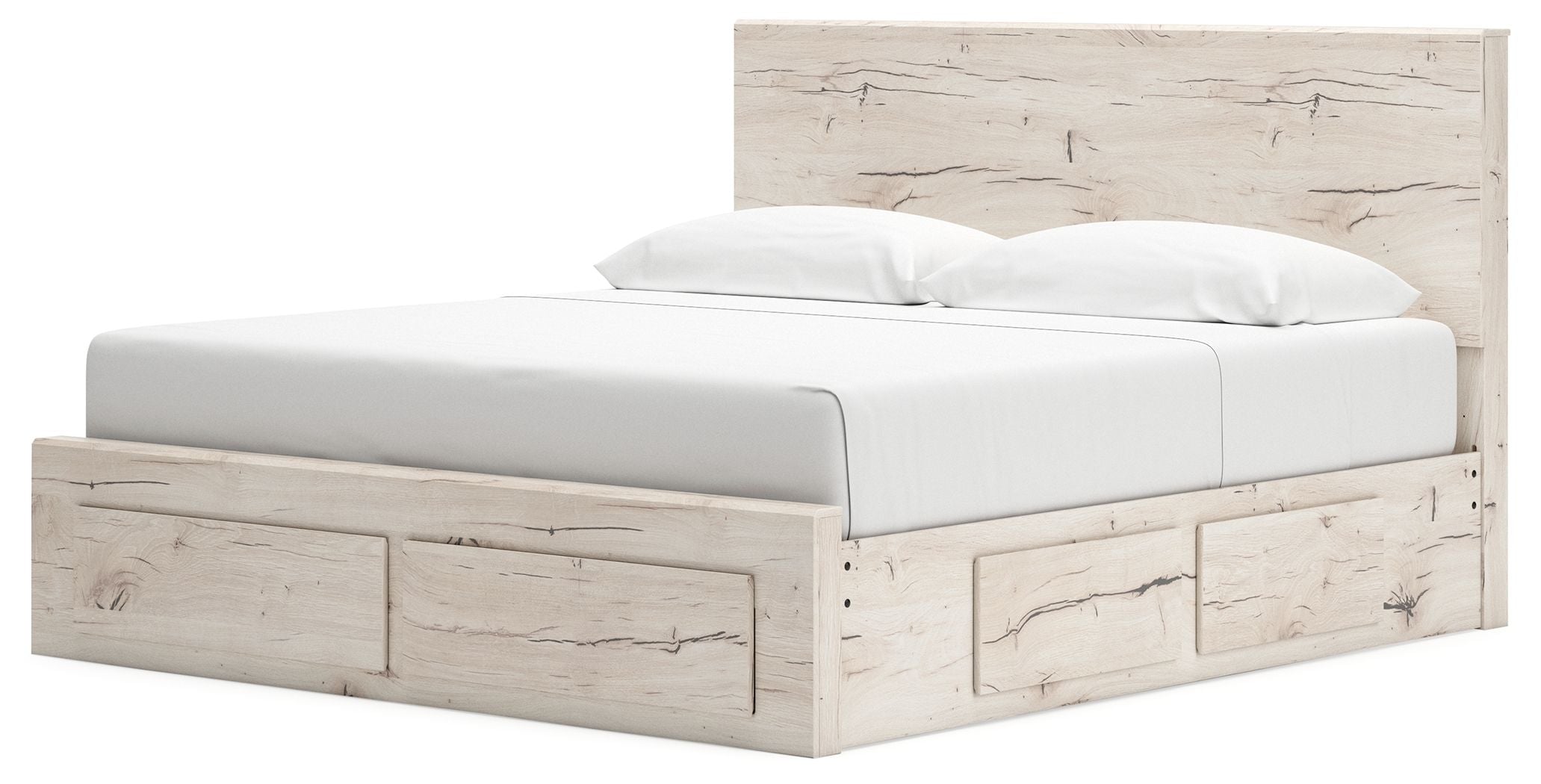 Light beige panel storage bed with upholstered headboard and drawer storage panels