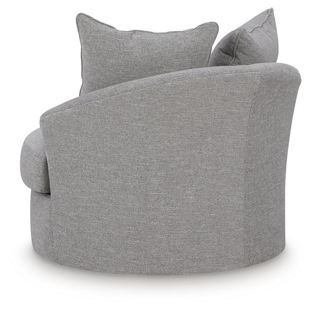 Pewter fabric swivel accent chair viewed from the back with two cushions