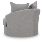 Pewter fabric swivel accent chair viewed from the back with two cushions