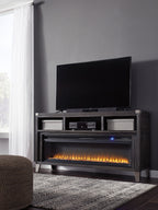 Gray TV media console with fireplace insert and two side cabinet shelves