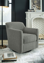 Gray swivel accent chair with wide armrests, cushioned seat, and rounded back