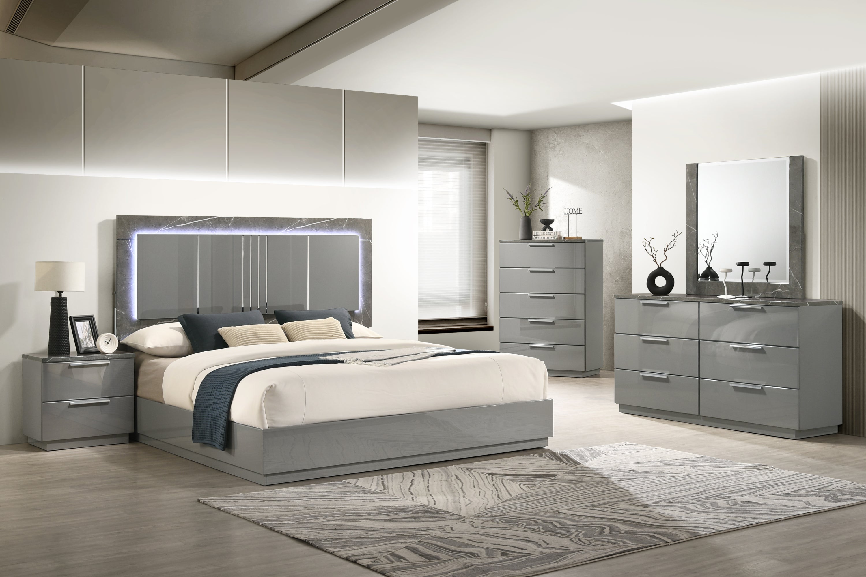 Elara Queen 5-Pc: Two-Tone Marble/Lacquer LED Storage Gray