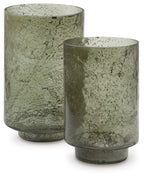 Clarkton green candle holder set (2): speckled glass cylinders with flared dark bases