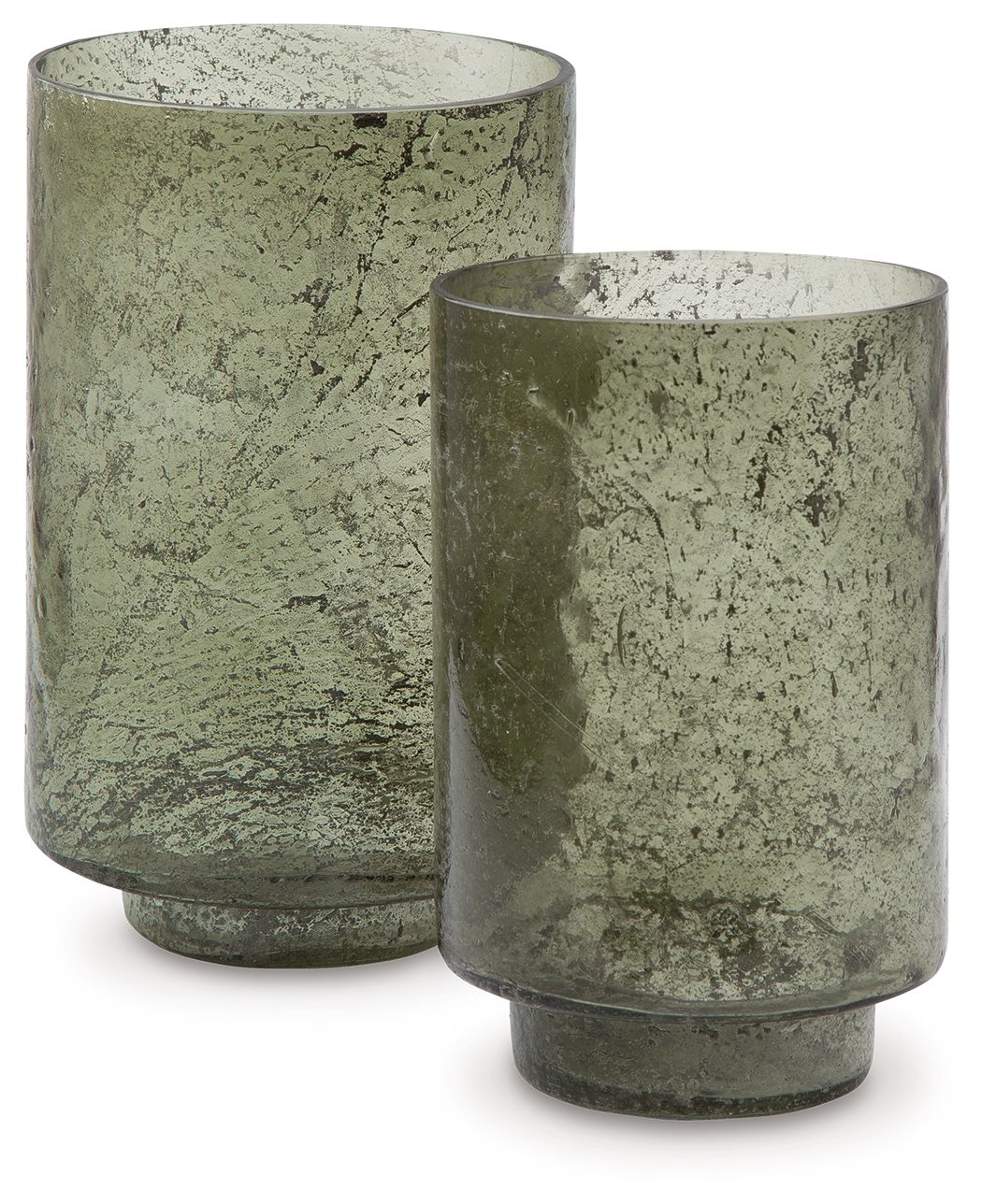 Clarkton green candle holder set (2): speckled glass cylinders with flared dark bases