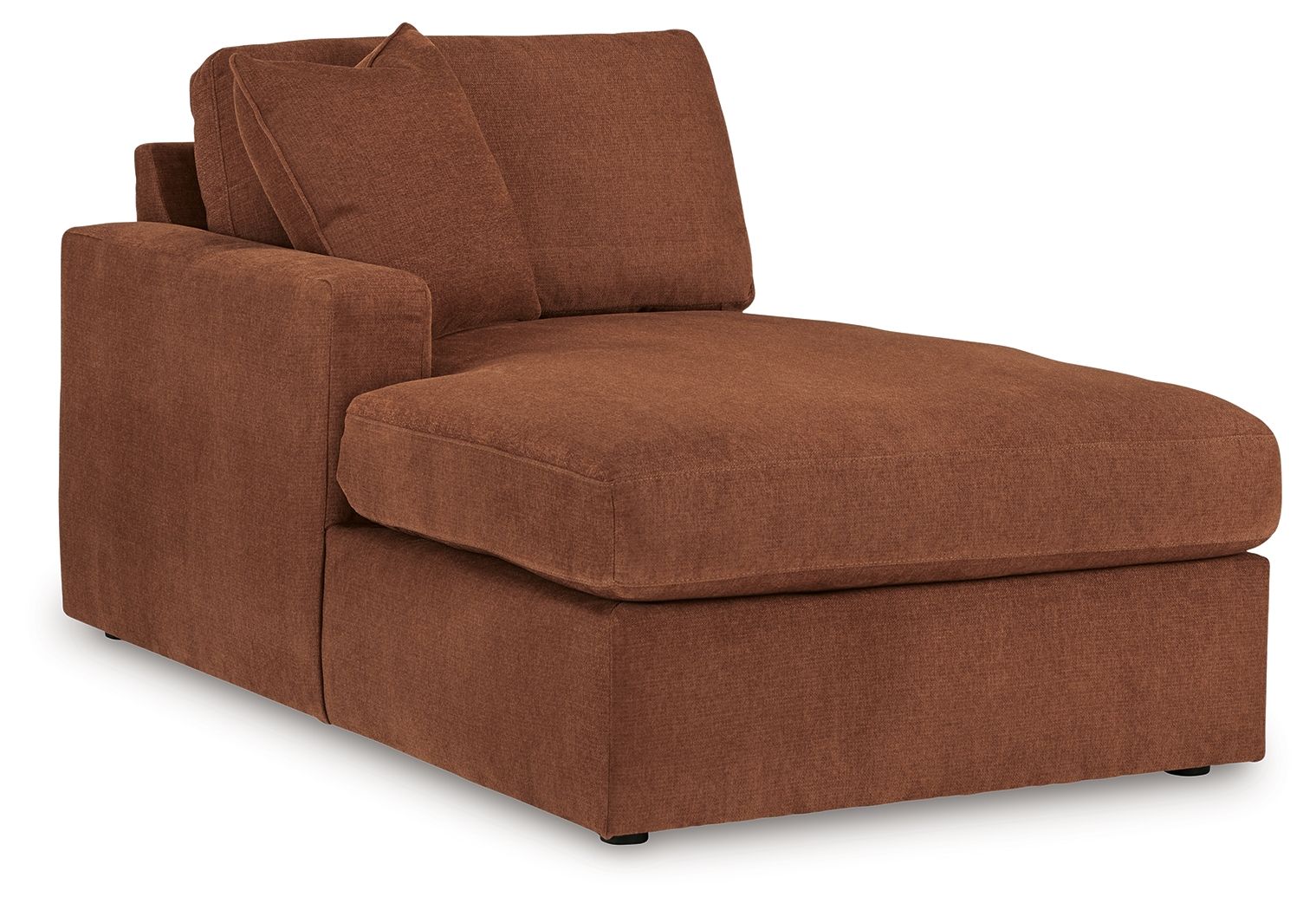 Spice brown corner chaise with tufted back cushions and deep seat.