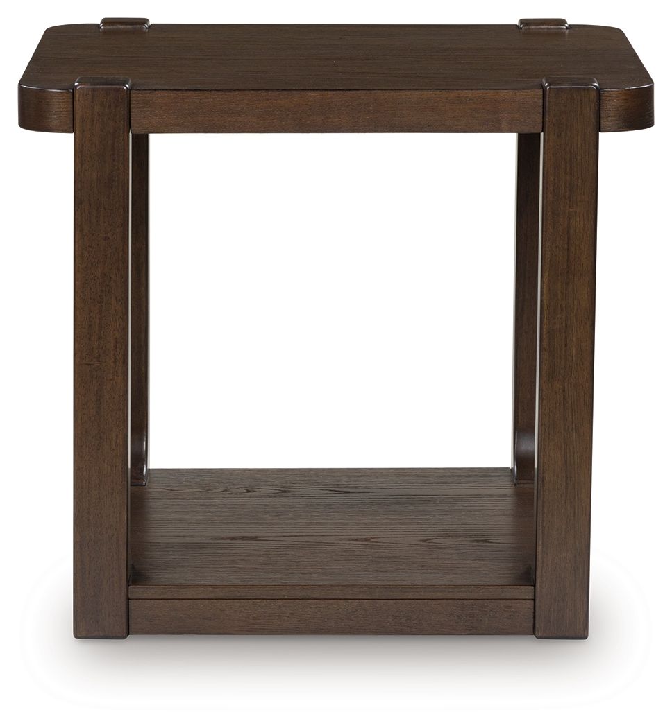 Dark brown two-tier table with open lower shelf and straight side frames