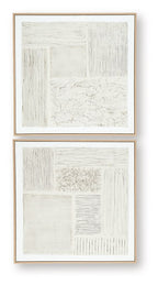 Two framed abstract wall prints with textured blocks and lines on white; beige frames