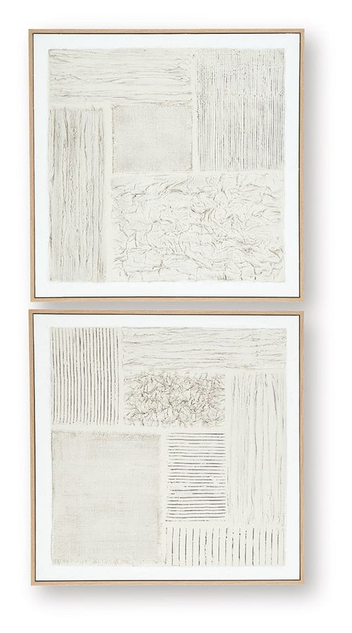 Two framed abstract wall prints with textured blocks and lines on white; beige frames