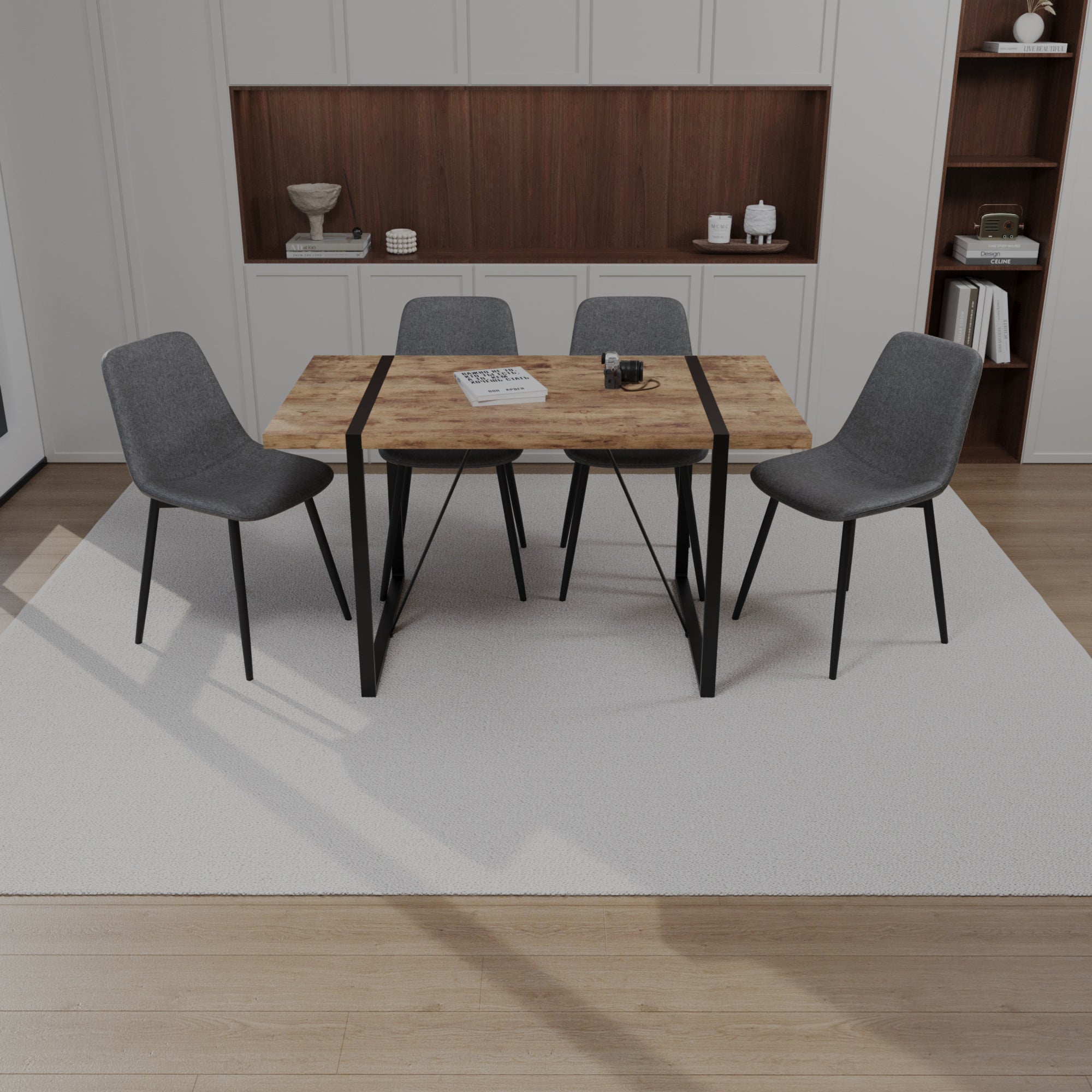 55" Dark Wood Dining Table & Chairs Set - 4 Pcs