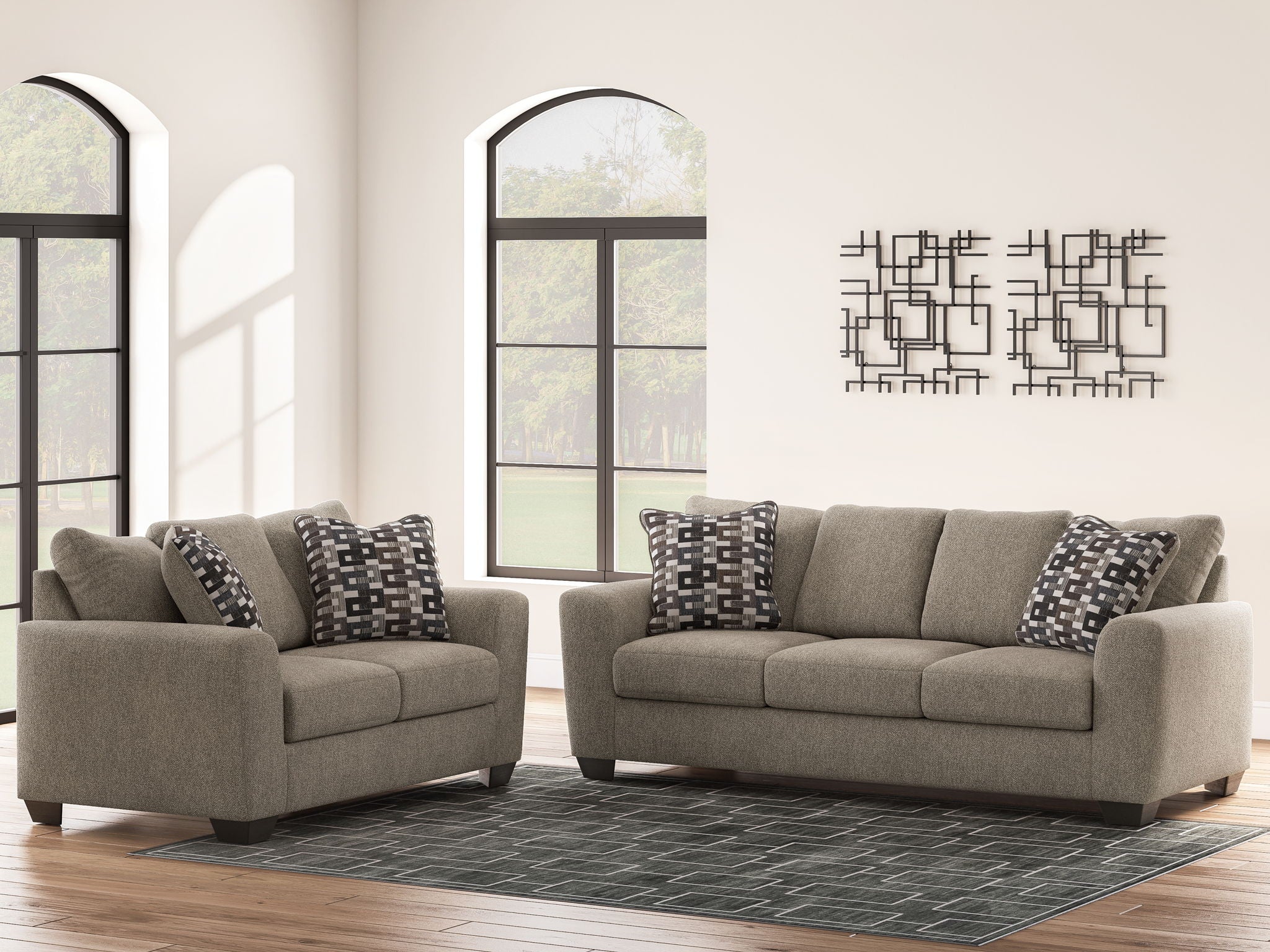 Beige fabric living room set with sofa, armchairs, and check-pattern throw pillows
