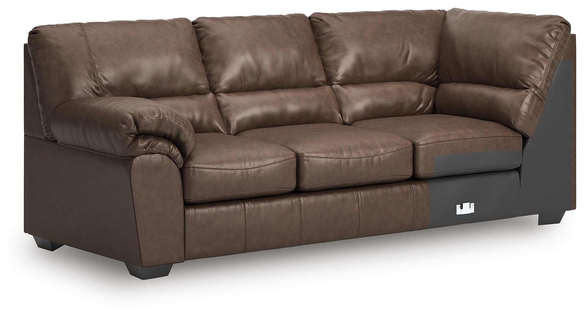 Umber sofa with corner wedge, tufted back cushions and rolled arms