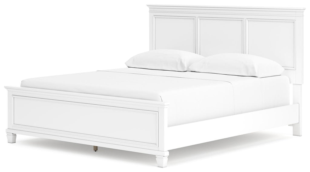 White panel bed with paneled headboard and low footboard, shown in three-quarter view