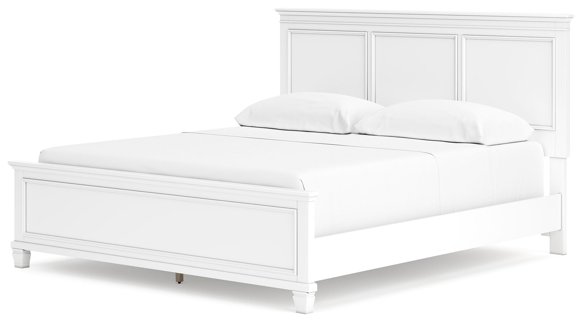 White panel bed with paneled headboard and low footboard, shown in three-quarter view