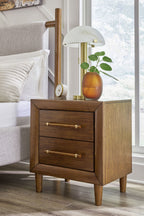 Brown two-drawer nightstand with brass bar pulls and tapered legs