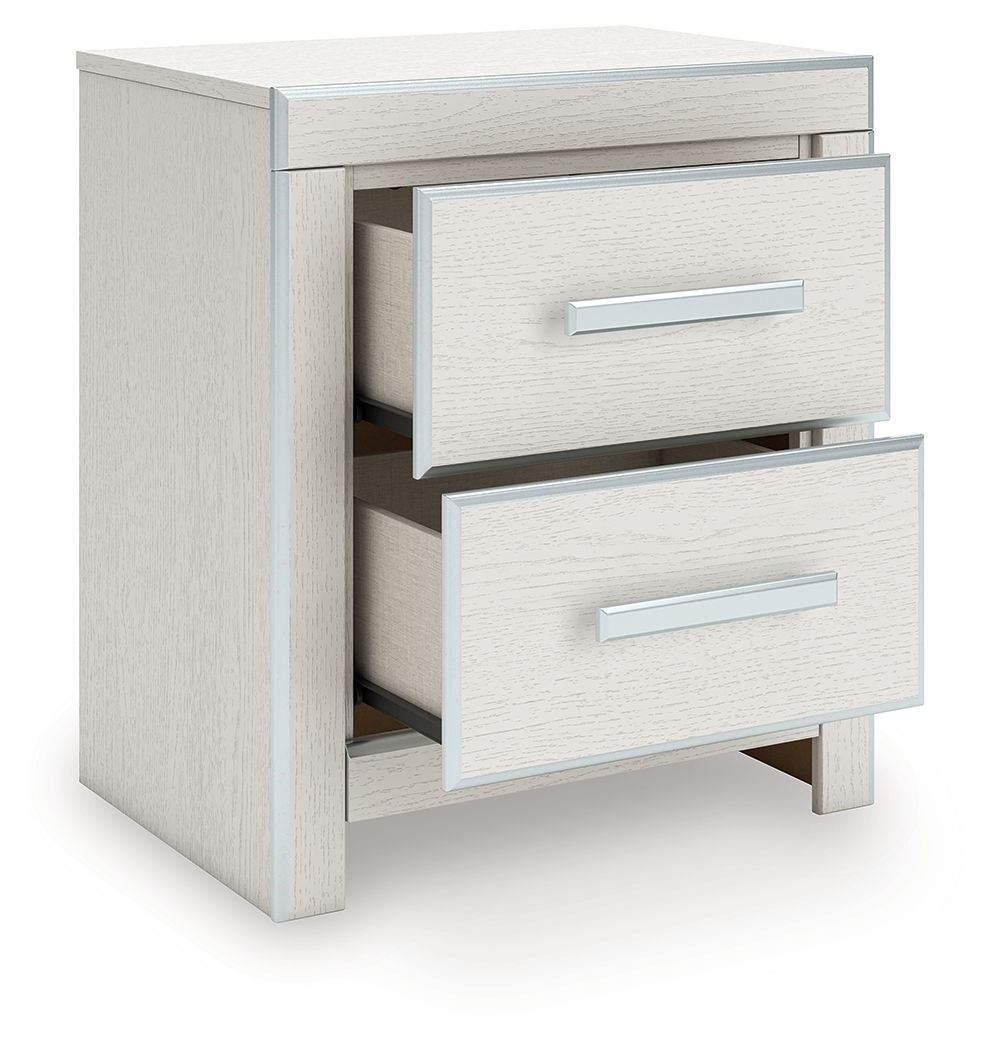 White two-drawer night stand with two silver bar handles, drawers pulled open