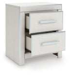 White two-drawer night stand with two silver bar handles, drawers pulled open