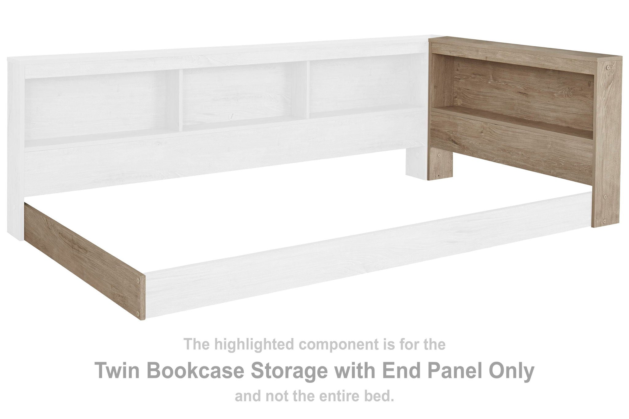 Natural wood T-style bookcase storage with end panel, open shelving.