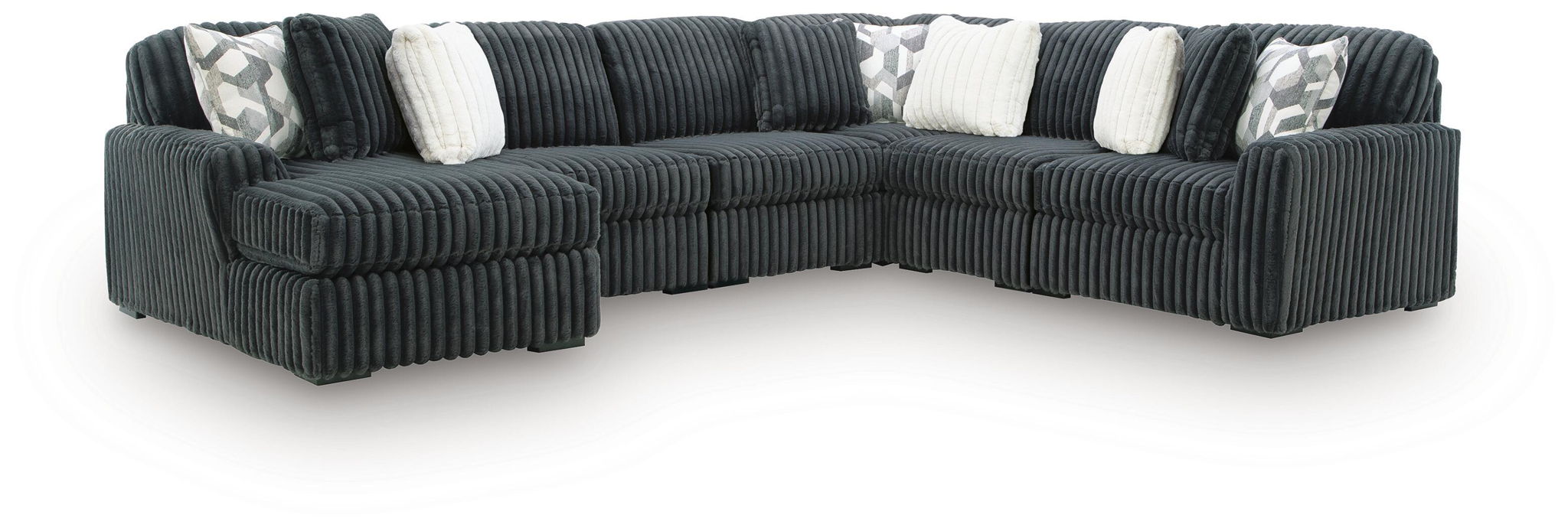 Charcoal sectional sofa with corner chaise, ribbed fabric, striped accent pillows