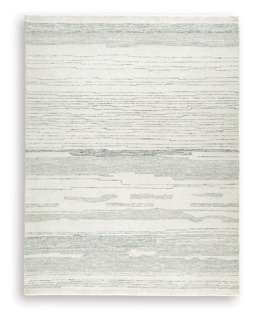 Light blue and white abstract striped rug, distressed linear pattern