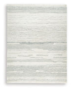 Light blue and white abstract striped rug, distressed linear pattern