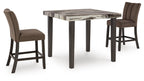Counter-height dining table with dark brown bar stools and marble-look tabletop