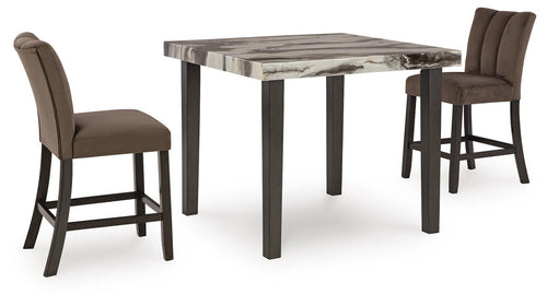 Counter-height dining table with dark brown bar stools and marble-look tabletop