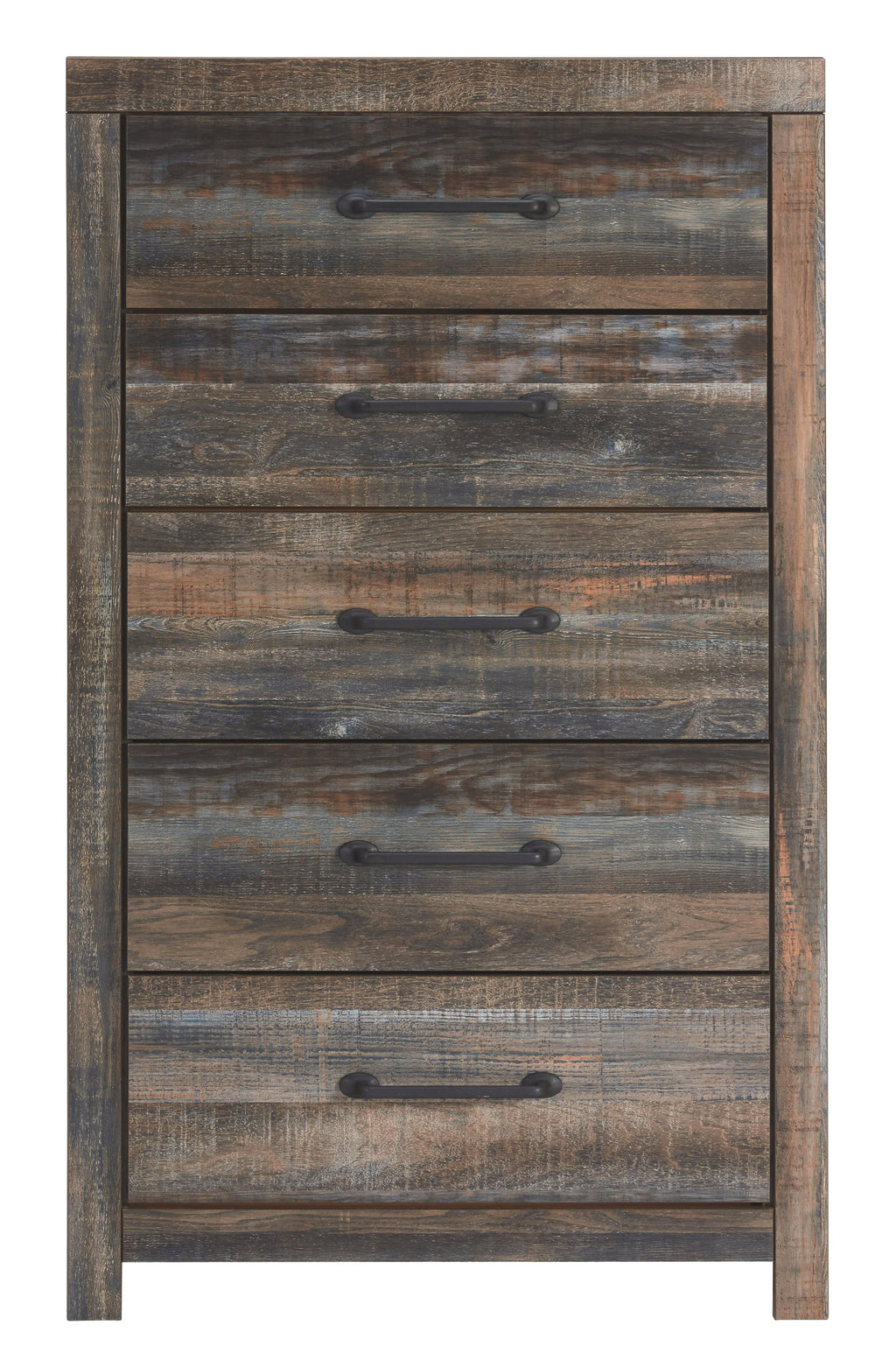 Five-drawer chest front panel with five drawers, distressed wood look, black bar handles.