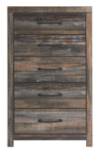 Five-drawer chest front panel with five drawers, distressed wood look, black bar handles.