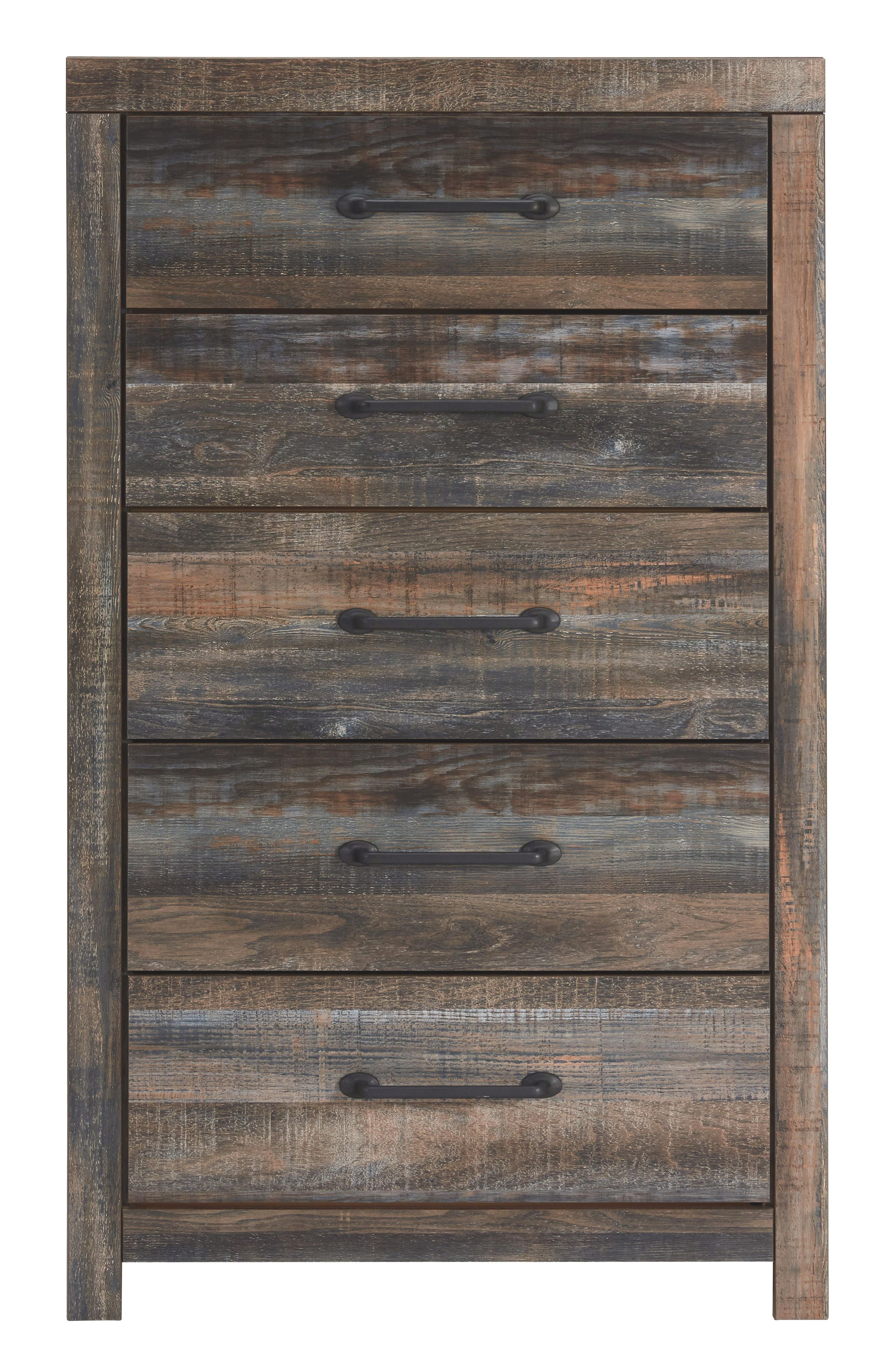 Five-drawer chest front panel with five drawers, distressed wood look, black bar handles.