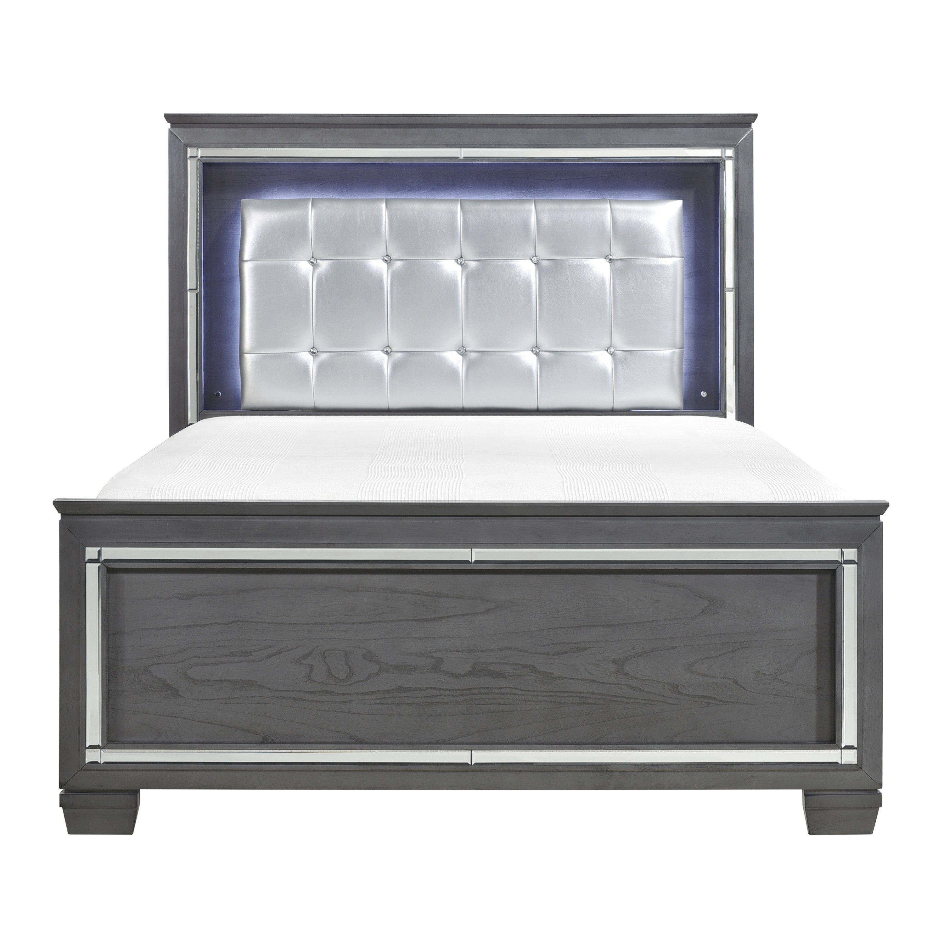 Glamorous Queen Bed Gray LED Button-Tufted Upholstered Headboard